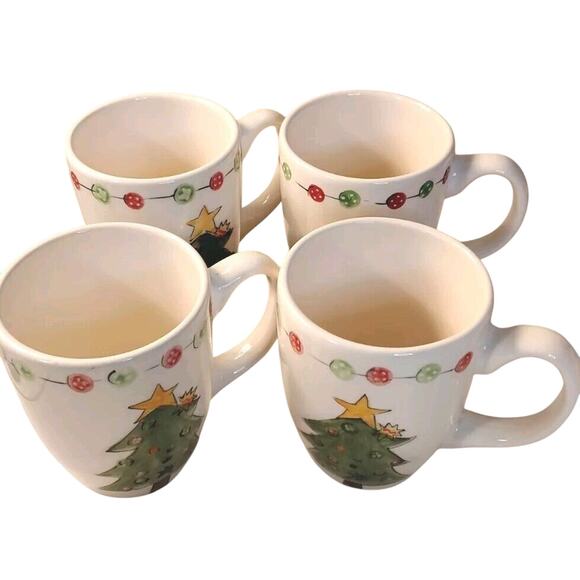 Tabletops Gallery Ceramic Hand Painted Button Christmas Tree Coffee Mugs Set 4 - Picture 6 of 6